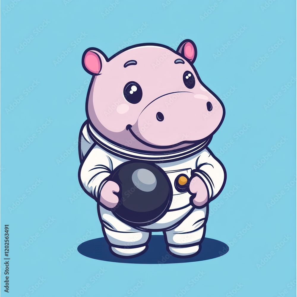 Hippo astronaut holding a black sphere, on light blue background, for children's material Hippo astronaut holding a black sphere, on light blue background, for children's material