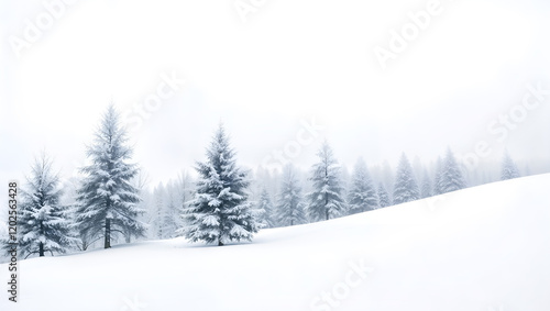 Scenic snowy landscape with evergreen trees and mountains, ideal for winter or holiday themes. Generative AI