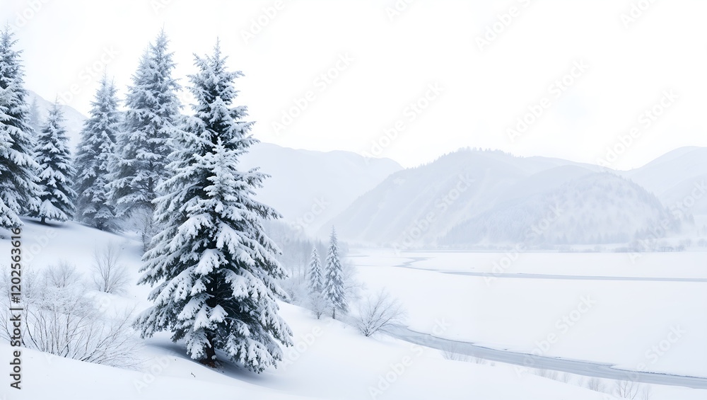 Naklejka premium Scenic snowy landscape with evergreen trees and mountains, ideal for winter or holiday themes. Generative AI