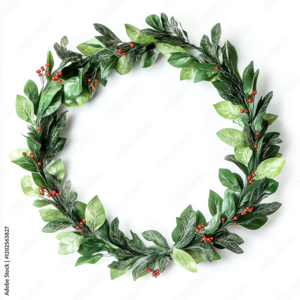 Fototapeta premium Festive green leafy wreath with red berries
