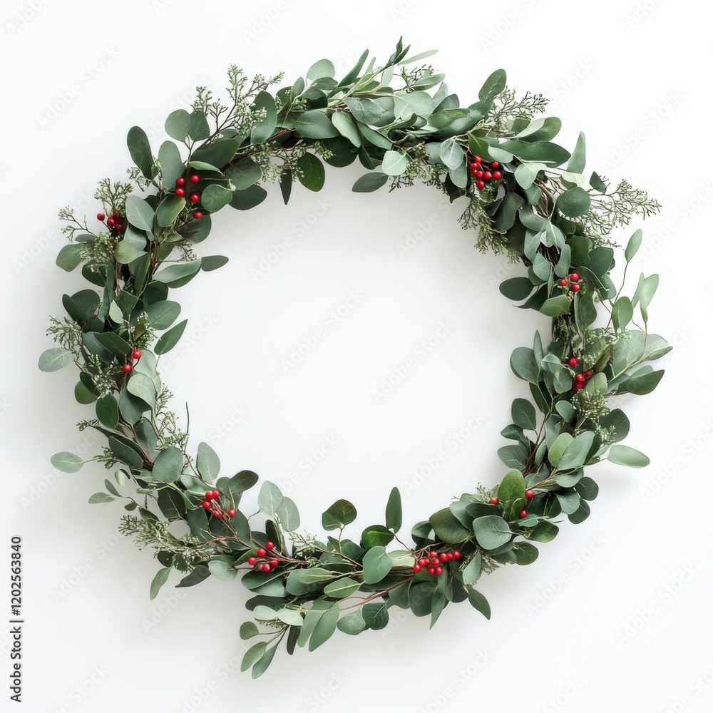 Fototapeta premium Festive green leaf wreath with red berries