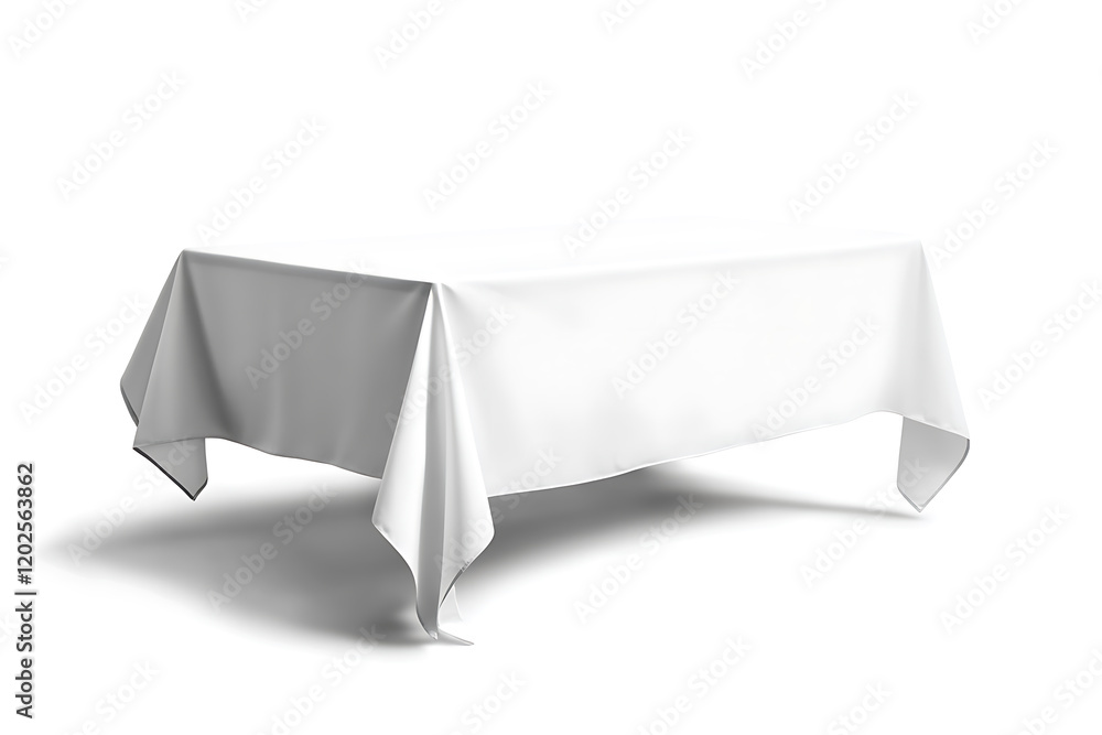 White tablecloth draped over a dining table isolated on a white background White tablecloth draped over a dining table isolated on a white background