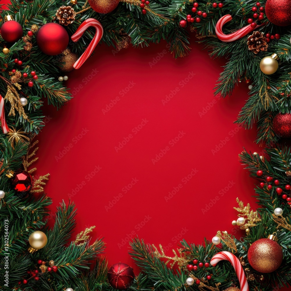 Festive wreath border on red background Festive wreath border on red background