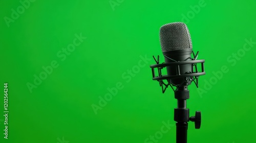 Black studio microphone on a green screen background perfect for broadcasting or recording