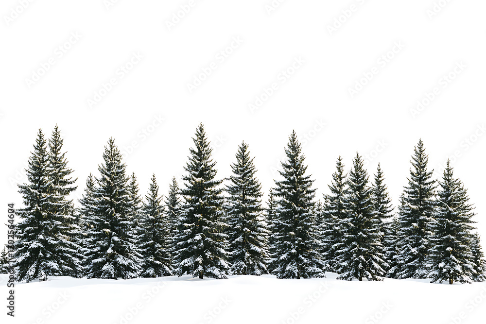 Obraz premium Winter coniferous forest isolated on a white background