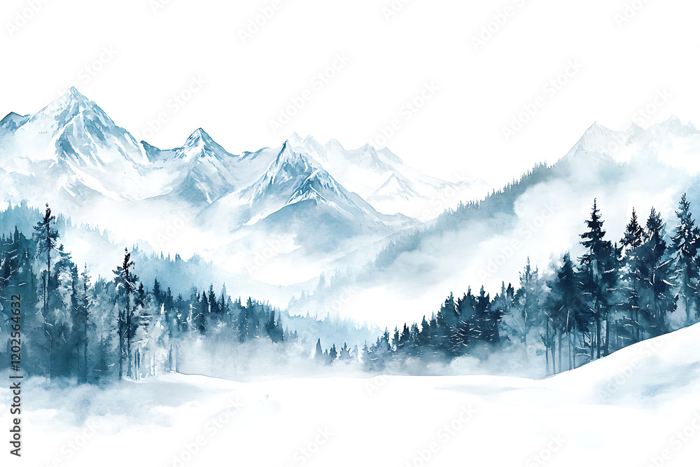 Obraz premium Winter mountain landscape watercolor isolated on a white background
