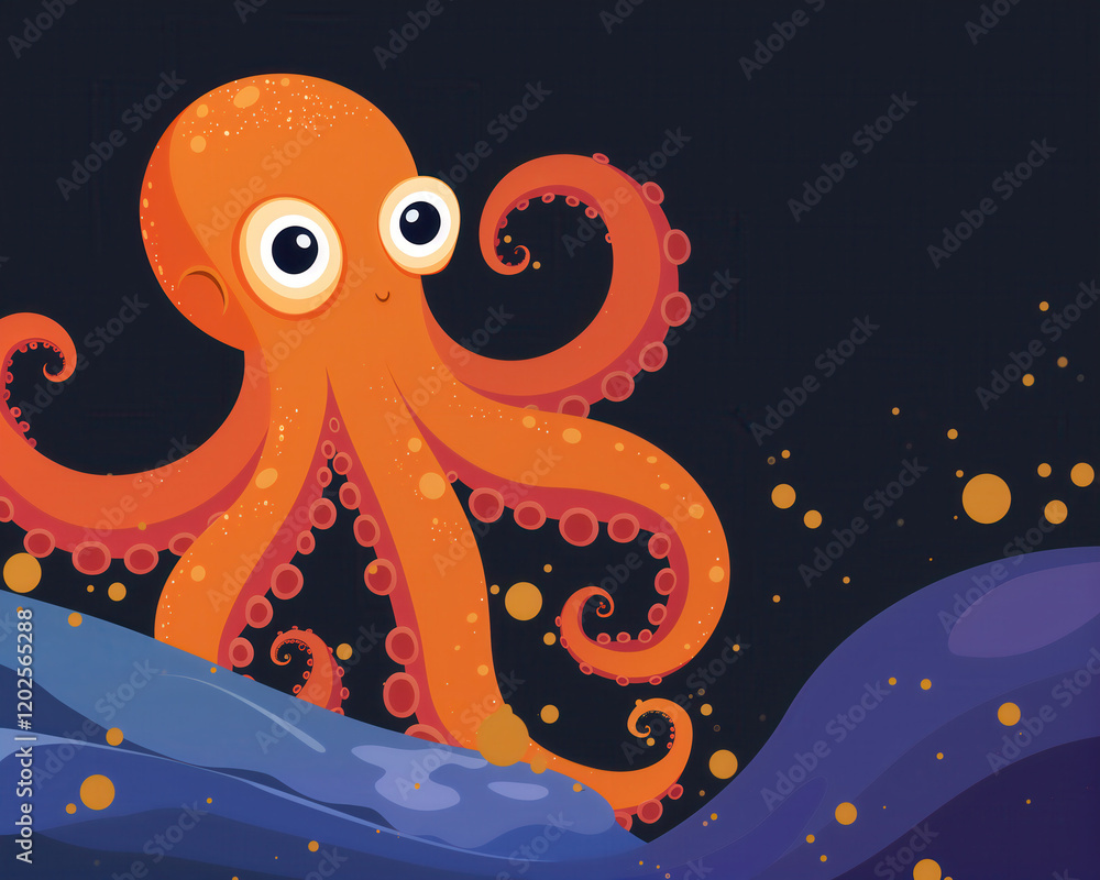 Colorful Octopus Illustration with Ocean Waves and Bubbles for Children's Books and Marine Themed Designs