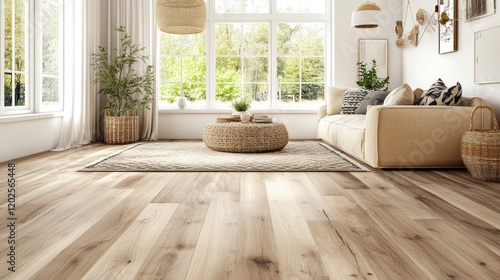 Wallpaper Mural Bright living room with beige sofa, wooden floor, and large windows. Torontodigital.ca