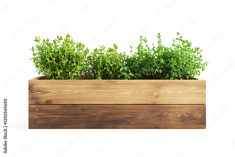 Wooden planter box with plants isolated on a white background