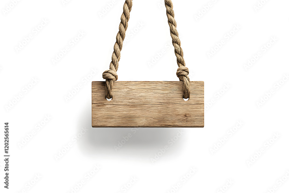 White wooden sign hanging from a rope isolated on a white background White wooden sign hanging from a rope isolated on a white background