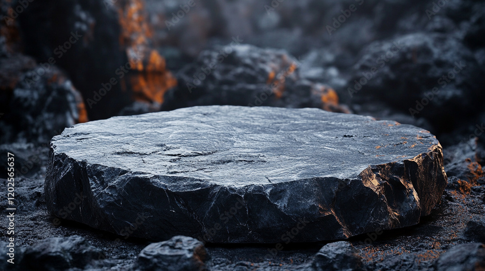 A black stone podium on a mountain top creates a mysterious and minimalist scene with a dark background and blurred effects, leaving space for a caption on the side evoking chaos and contemplation.

