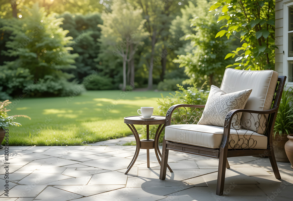 Tranquil Backyard Patio with Coffee and Cozy Ambiance Tranquil Backyard Patio with Coffee and Cozy Ambiance