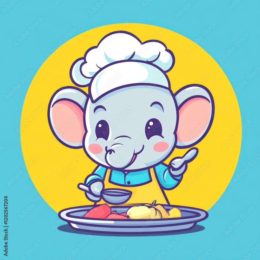 Elephant chef cooking, serving on a plate, solid background, for children's content Elephant chef cooking, serving on a plate, solid background, for children's content