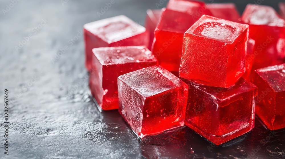 Close-up of vibrant red jelly cubes on a dark surface. Close-up of vibrant red jelly cubes on a dark surface.