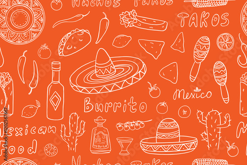 Seamless pattern of mexican theme. Nachos, takos, burrito, tomato, corn, cactus, hat, tequila, sombrero, lemon, tortilla, chili pepper, maracas. Hand drawn. Great for bar menu, banner. Doodle style
