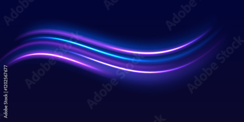 Speed police line. Laser beams, horizontal light rays. Magic shining neon light line trails. Purple glowing wave swirl, impulse cable lines. High speed effect motion blur night lights