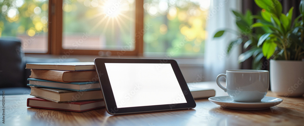 Fototapeta premium Cozy tablet mockup on stack of books in sunny living room, relaxation