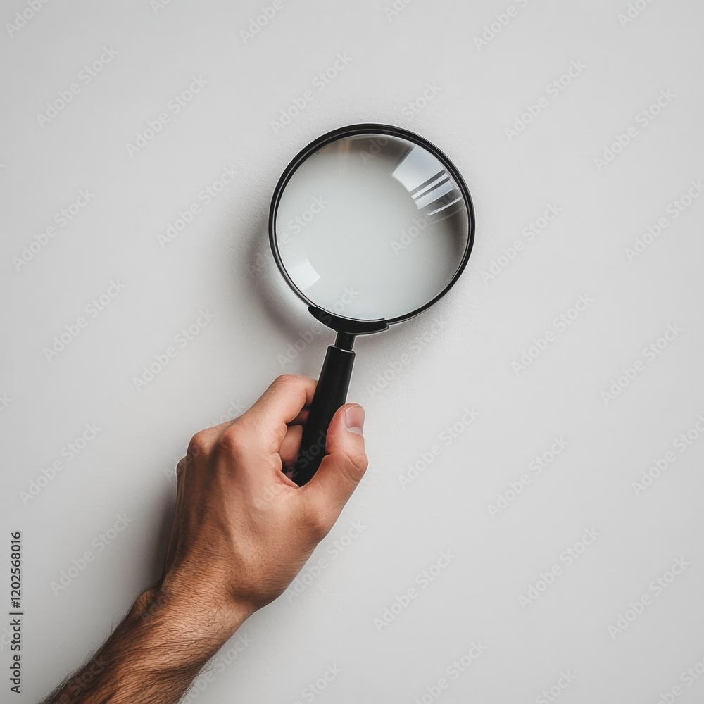 Hand holding black magnifying glass on white background Hand holding black magnifying glass on white background