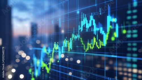 Wallpaper Mural Glowing financial stock market chart with ascending graphs against blurred city skyline at night, futuristic digital illustration Torontodigital.ca