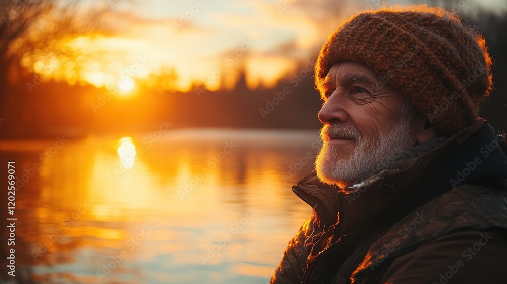 Fototapeta premium Senior man enjoys the peaceful dawn while fishing by the lake