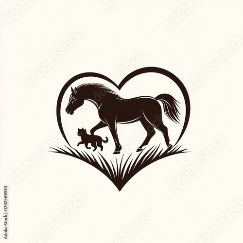 Horse, kitten, heart, grass, love, animal, friendship, pasture, illustration, logo photo