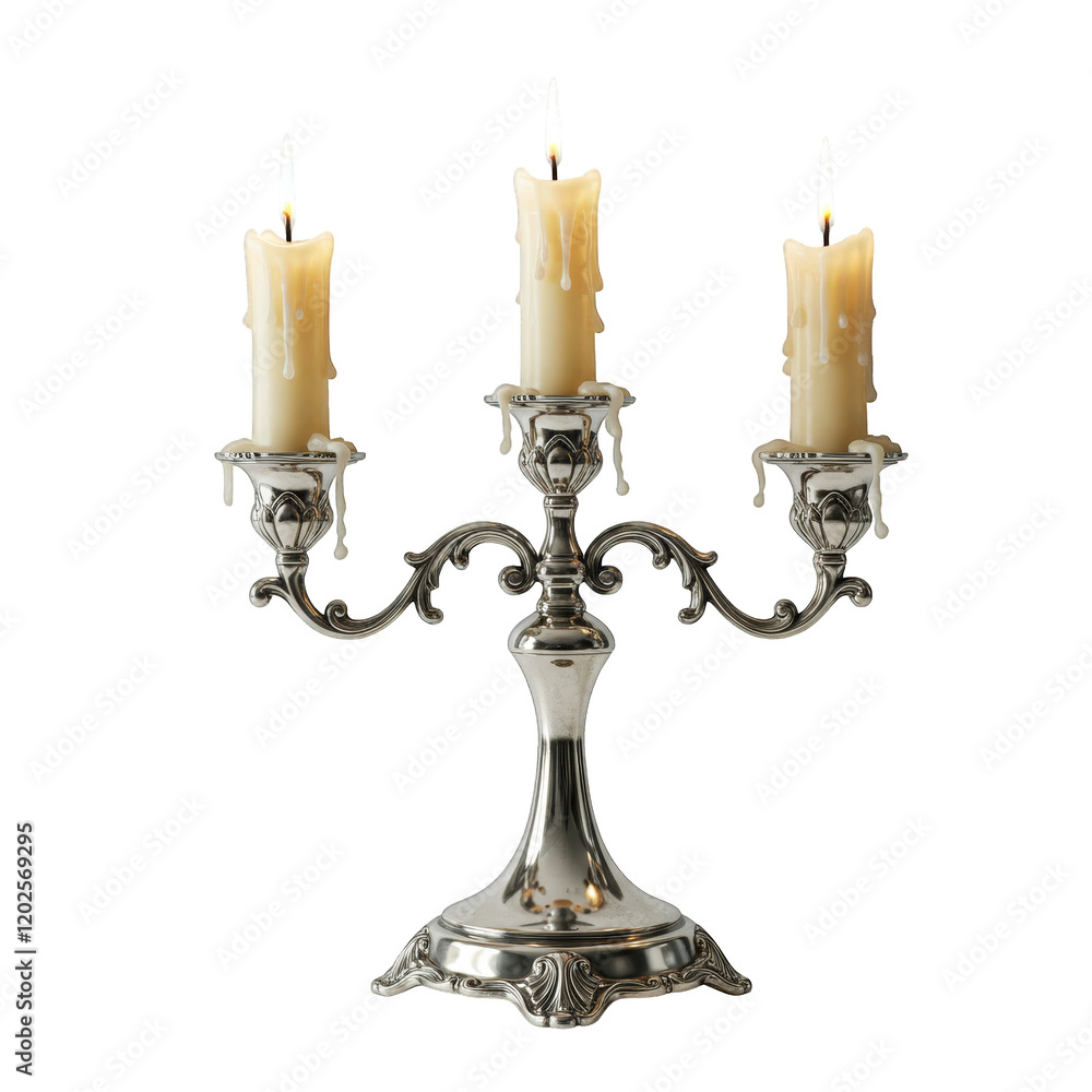 Silver candlestick for three candles, wax dripping down isolated on transparent background png Silver candlestick for three candles, wax dripping down isolated on transparent background png