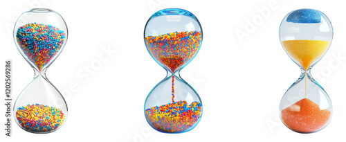 Colorful Hourglasses Filled with Vibrant Grains on Clear Background