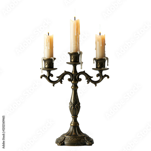 Vintage tall candlestick with three candles isolated on transparent background png