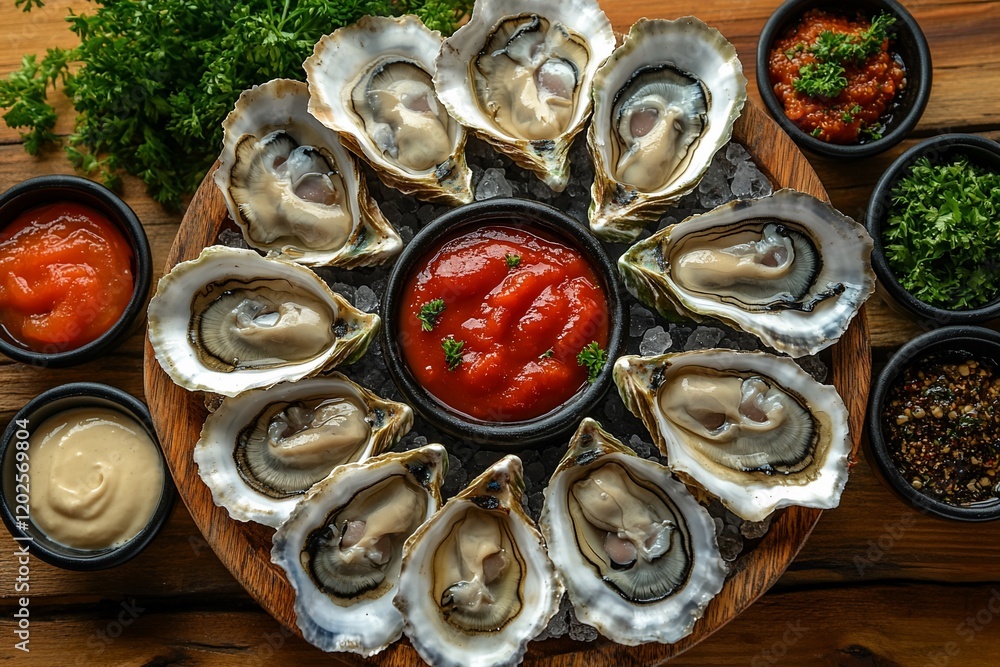 Fresh oysters, sauces, wooden board, overhead shot, seafood platter, restaurant menu Fresh oysters, sauces, wooden board, overhead shot, seafood platter, restaurant menu