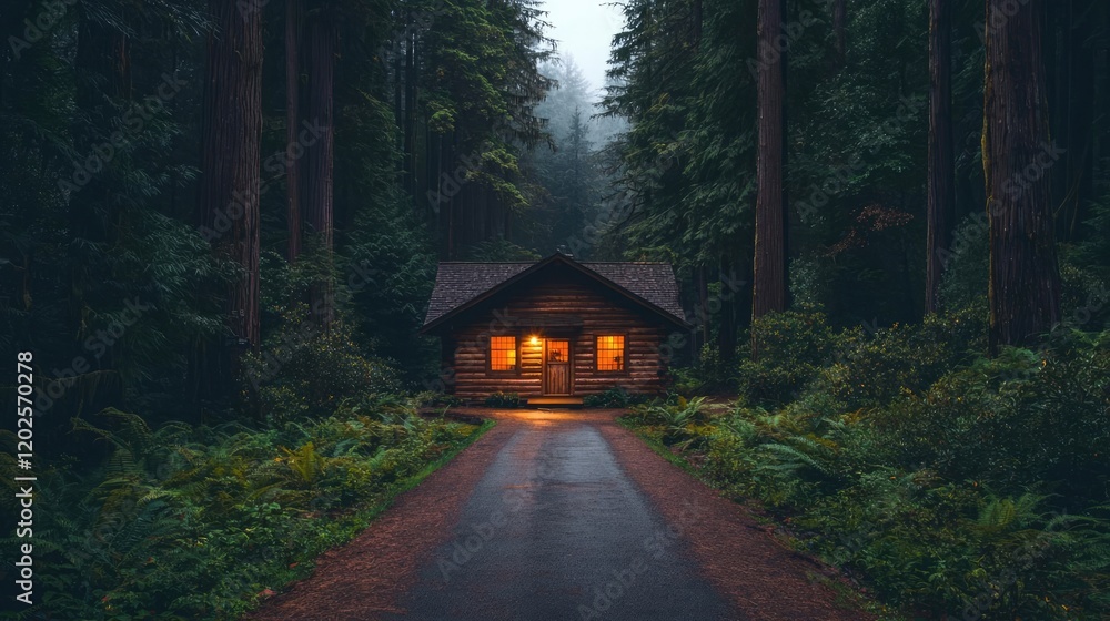 Cozy cabin nestled in redwood forest at twilight; peaceful escape Cozy cabin nestled in redwood forest at twilight; peaceful escape