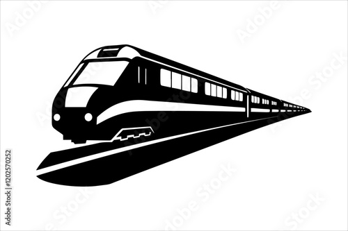 Streamline commuter train turning. Silhouette illustration in perspective view, train silhouette vector