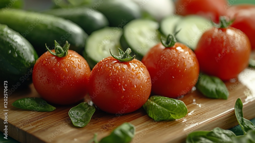 Fresh tomatoes, cucumbers, and basil on a wooden board. Healthy food preparation Fresh tomatoes, cucumbers, and basil on a wooden board. Healthy food preparation