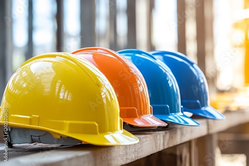 Diverse colored safety helmets at a construction site emphasizing workplace safety and health photo