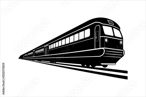 Streamline commuter train turning. Silhouette illustration in perspective view, train silhouette vector
