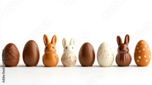 Colorful chocolate easter bunnies and eggs for creative artwork design photo