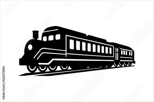 Streamline commuter train turning. Silhouette illustration in perspective view, train silhouette vector