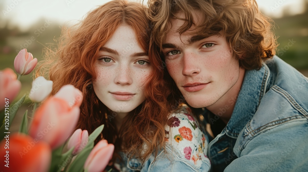 Two young adults smile closely together surrounded by colorful tulips in a peaceful garden at sunset