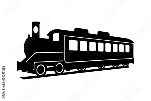 Streamline commuter train turning. Silhouette illustration in perspective view, train silhouette vector