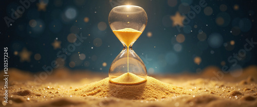 Hourglass surrounded by golden sand depicting the passage of time with a dreamy, ethereal background filled with twinkling stars