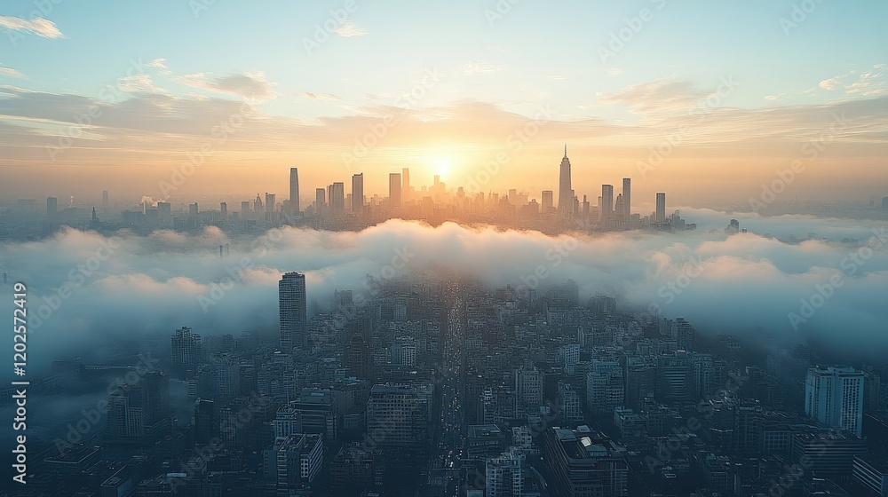 Obraz premium A breathtaking sunrise over a city skyline shrouded in fog, highlighting urban beauty and tranquility.
