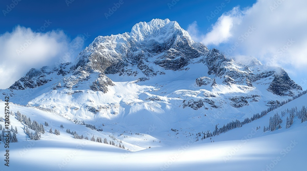 Obraz premium A breathtaking snowy mountain landscape under a clear blue sky.