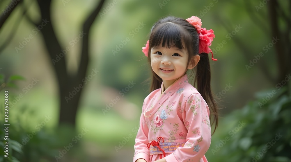 Chinese Little Girl in Traditional Clothing in a Garden Chinese Little Girl in Traditional Clothing in a Garden
