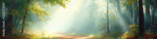 Soft rays of sunlight illuminate a tranquil forest path surrounded by lush greenery and morning mist
