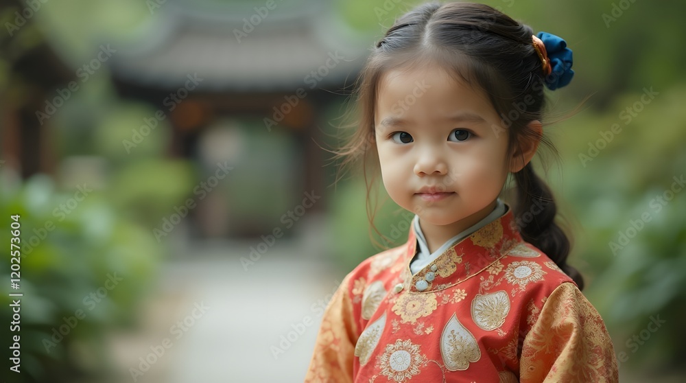 Chinese Little Girl in Traditional Clothing in a Garden Chinese Little Girl in Traditional Clothing in a Garden