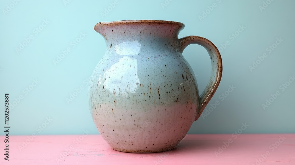 A ceramic pitcher with a speckled design, resting on a pink surface against a light blue background. A ceramic pitcher with a speckled design, resting on a pink surface against a light blue background.