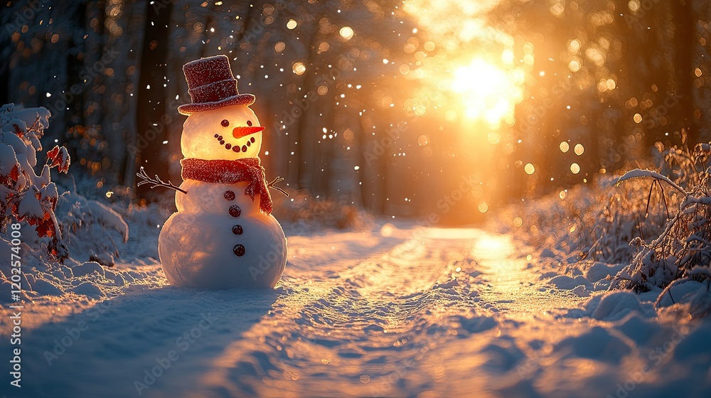 Fototapeta premium A cheerful snowman stands in a snowy forest, illuminated by a warm sunset glow.