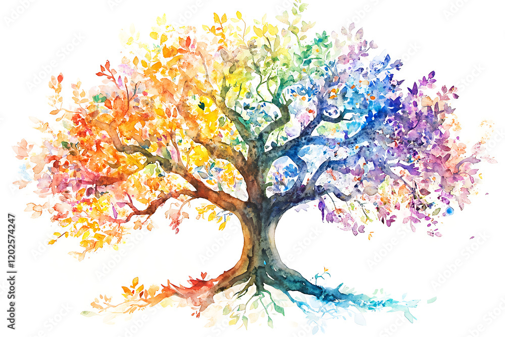 Fototapeta premium The tree of life in colorful spring watercolor painting isolated on a white background