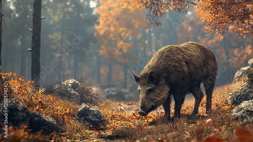   A wild boar traverses an autumnal forest filled with towering trees, vibrant leaves, and a dense mist