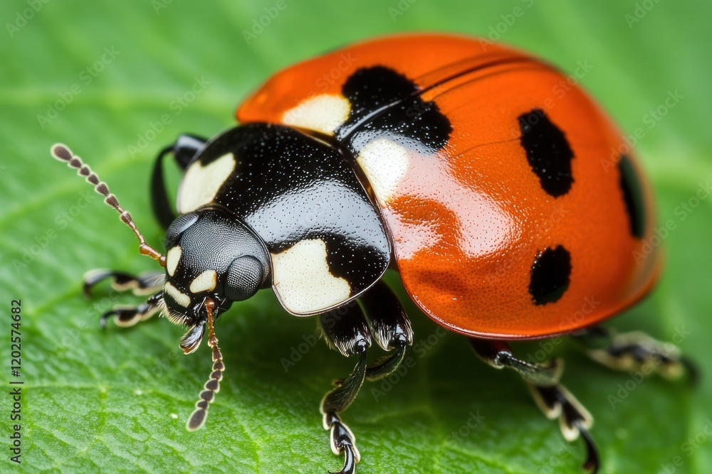 Fototapeta premium Close-up of a ladybug on a green leaf.