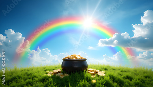 Pot of gold under rainbow on grassy hill with bright sun